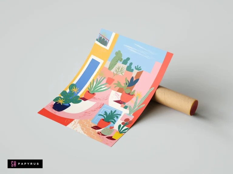 Vibrant Mediterranean balcony art print featuring colorful potted plants in a modern illustrative style.