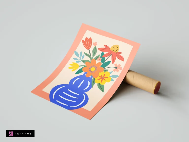 Vibrant folk art botanical print featuring a colorful flower bouquet in a blue vase.