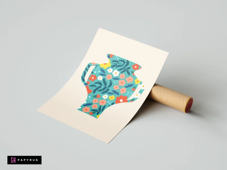 Abstract teal floral vase cutout print with colorful botanical patterns on cream paper.
