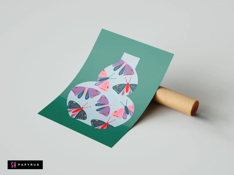 Whimsical botanical art print featuring teal and pink butterflies inside a vase-shaped silhouette.