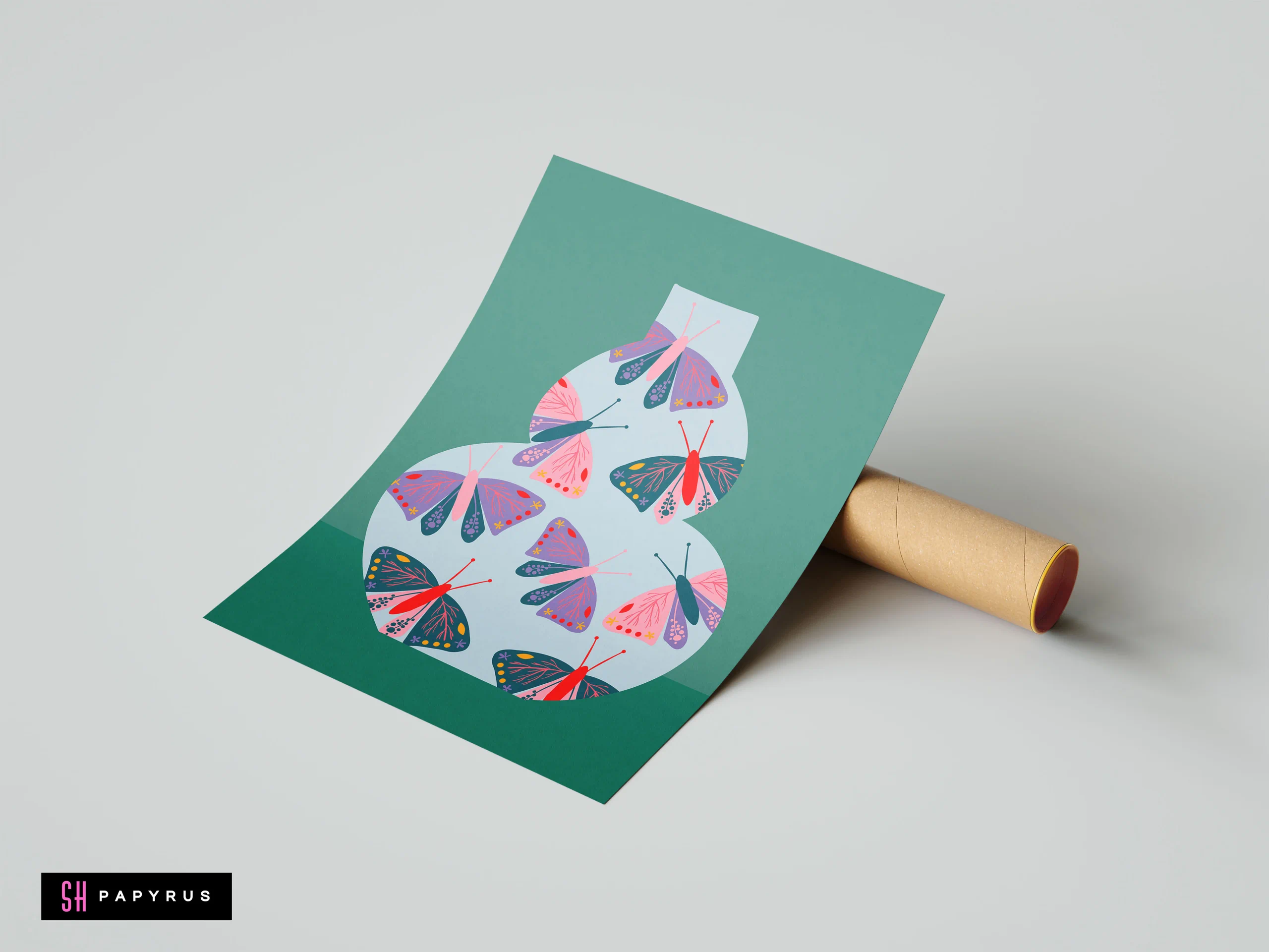 Whimsical botanical art print featuring teal and pink butterflies inside a vase-shaped silhouette.