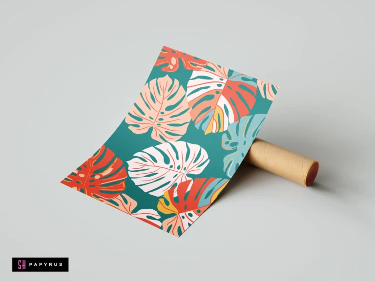 Vibrant teal tropical botanical print with stylized monstera leaves in pink, white, and coral.