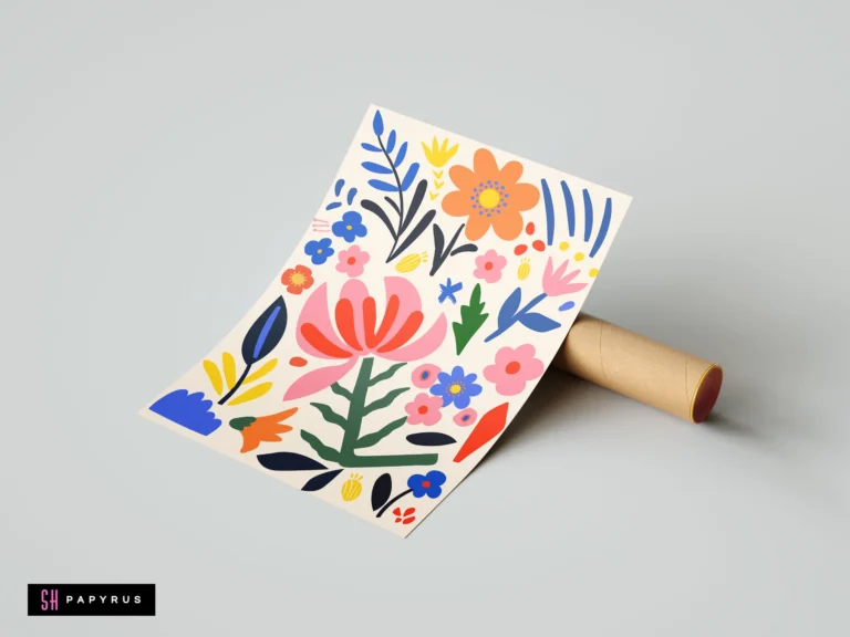Scandi folk art botanical print featuring pink, orange, and blue stylized floral illustrations.