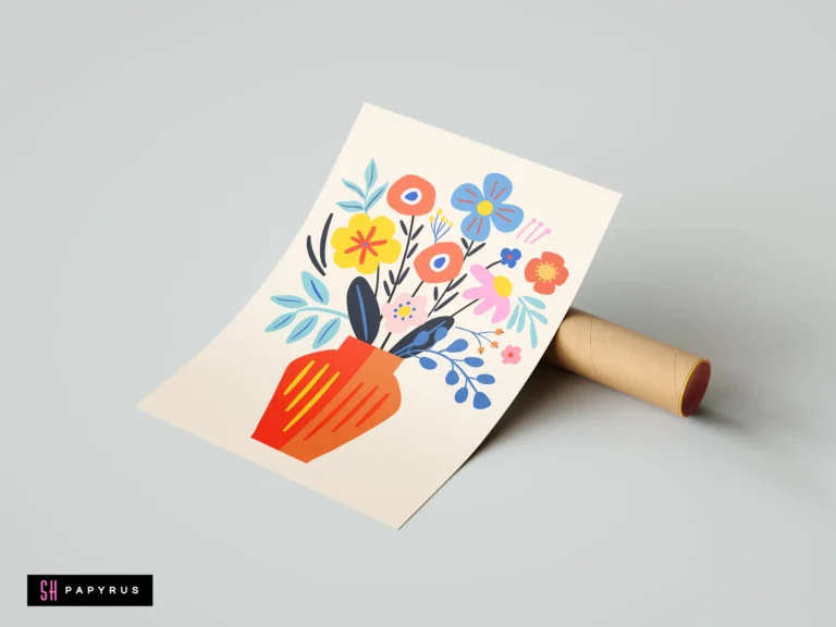 Vibrant folk-art botanical print of a colorful floral bouquet in a red vase.
