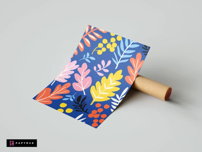 Vibrant abstract botanical art print featuring yellow, pink, and orange leaf patterns on blue.
