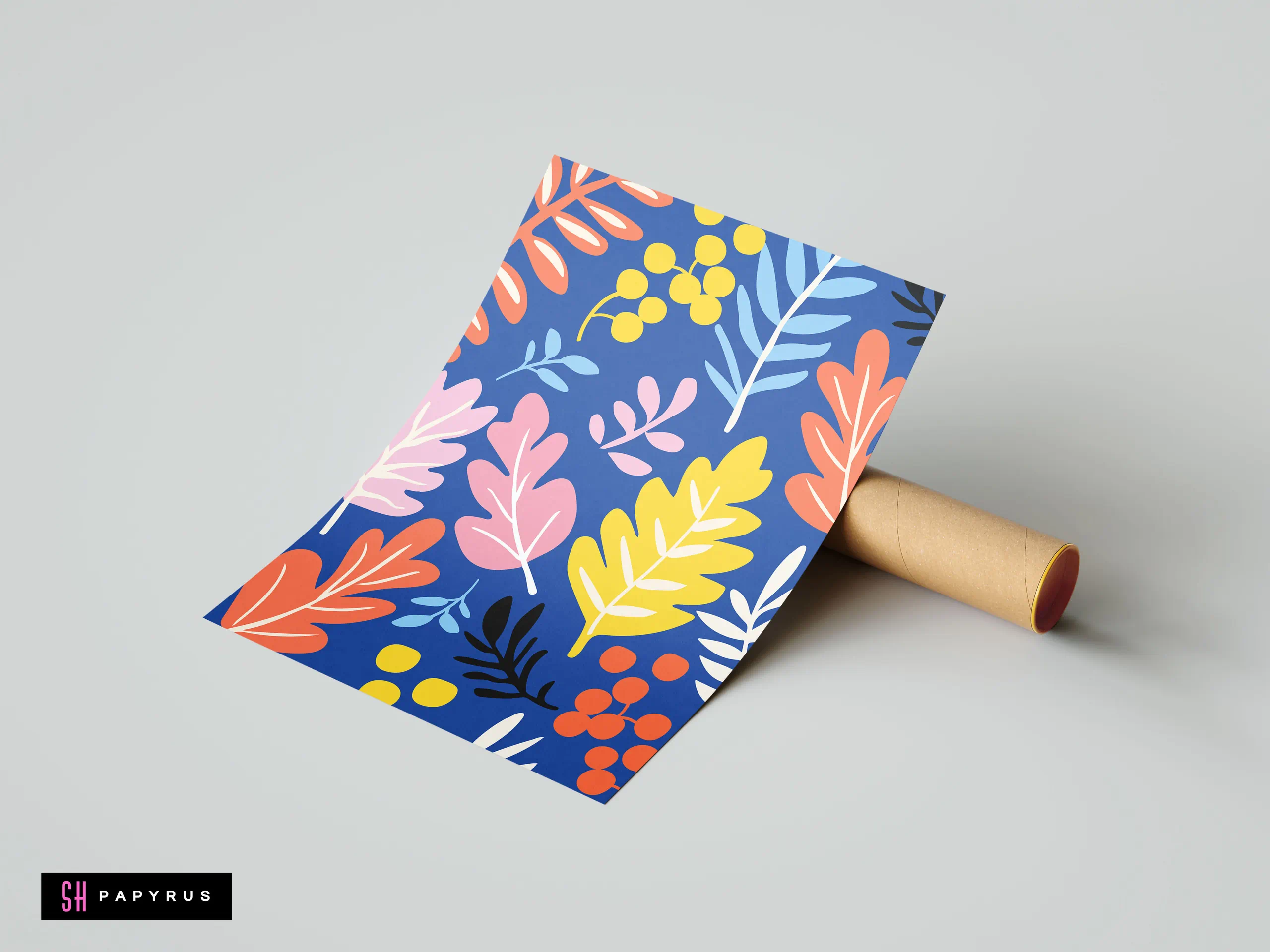 Vibrant abstract botanical art print featuring yellow, pink, and orange leaf patterns on blue.