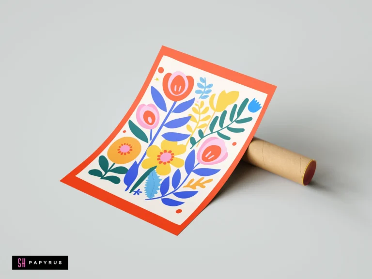 Colorful folk art tulip illustration wall art print with a thick red border.