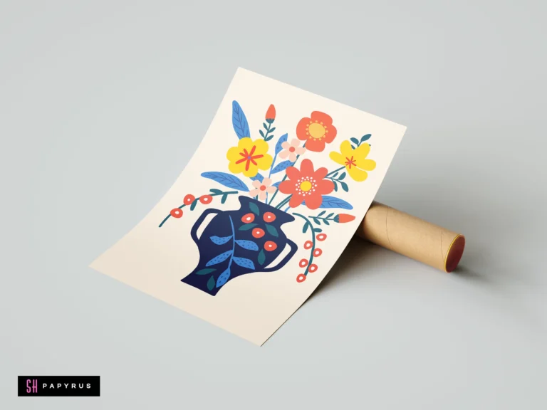 Scandi boho floral art print featuring colorful flowers in a patterned navy blue vase.