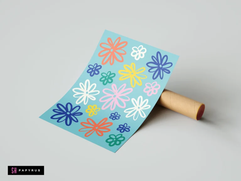 Funky hand-drawn daisy pattern print with colorful flowers on a light blue background.
