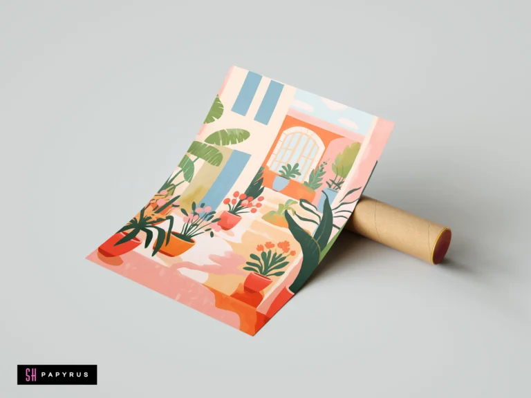 Vibrant botanical illustration of a Mediterranean courtyard with colorful potted plants and warm tones.