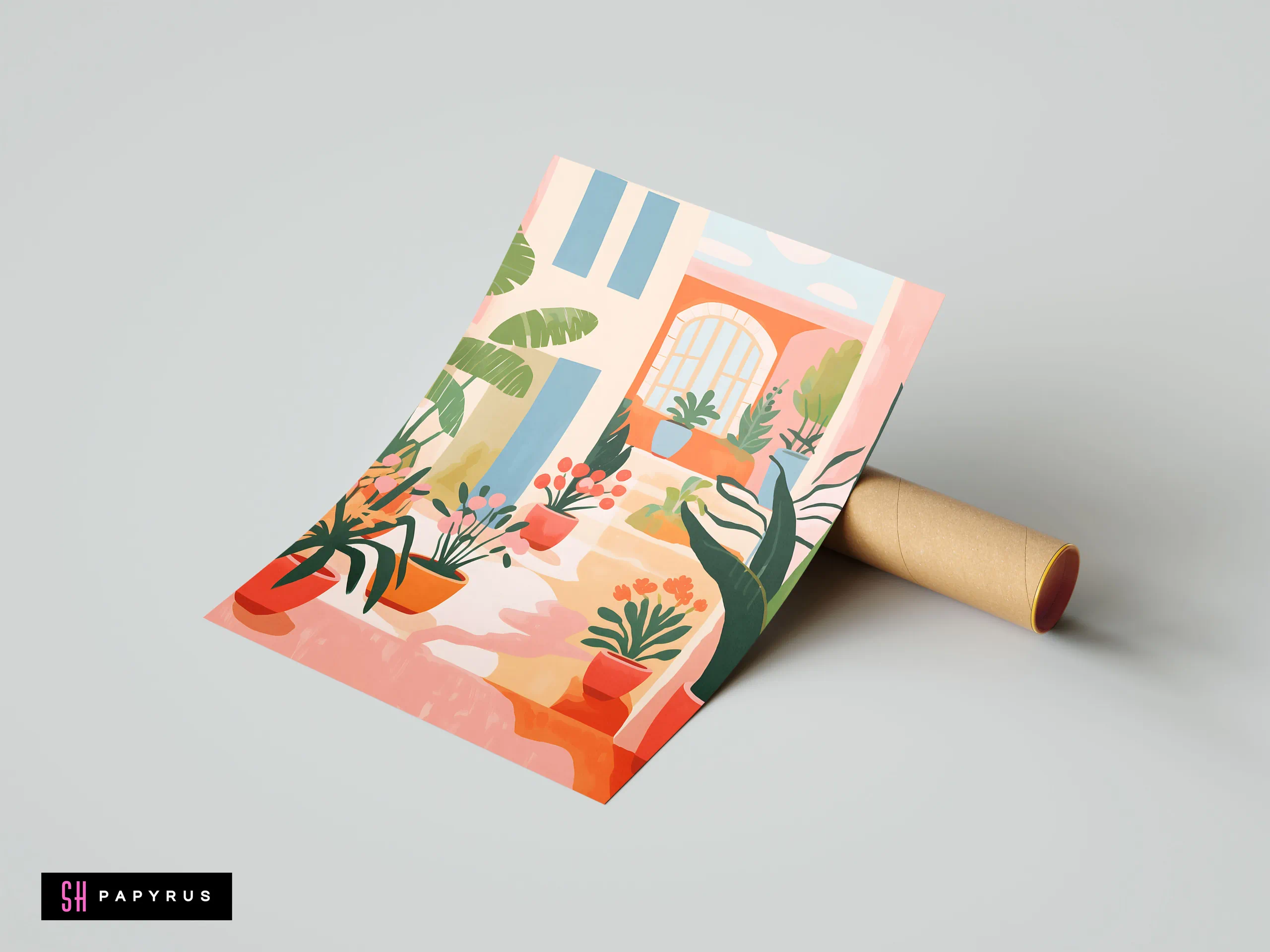 Vibrant botanical illustration of a Mediterranean courtyard with colorful potted plants and warm tones.