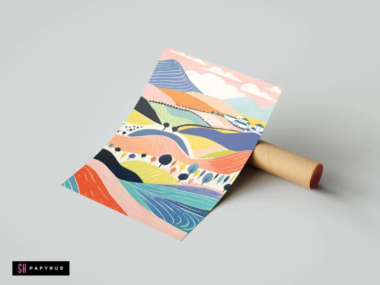 Vibrant abstract landscape art print featuring colorful pastel rolling hills and stylized botanical fields.