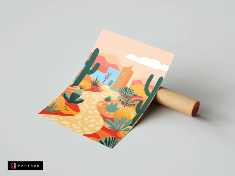 Modern boho desert landscape art print featuring colorful cacti, succulents, and adobe style buildings.