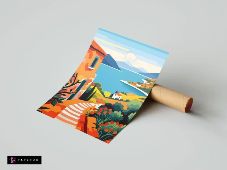 Mediterranean coastal landscape print with orange villas, blue sea, and vibrant green botanical hills.