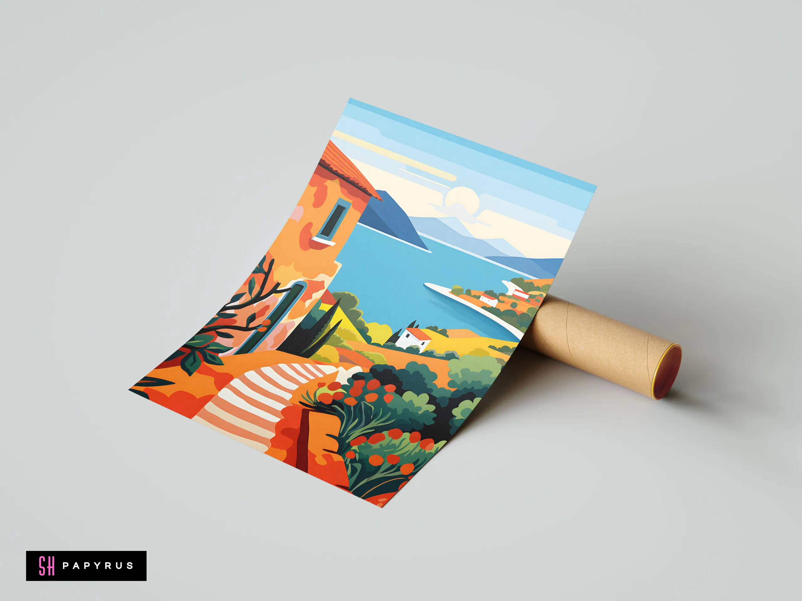 Mediterranean coastal landscape print with orange villas, blue sea, and vibrant green botanical hills.
