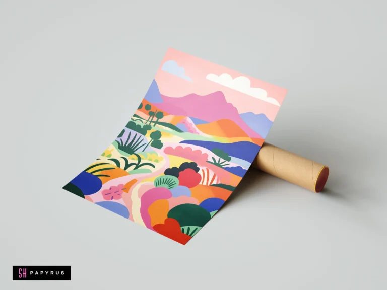 Vibrant abstract landscape print with colorful pastel mountains and stylized botanical garden hills.