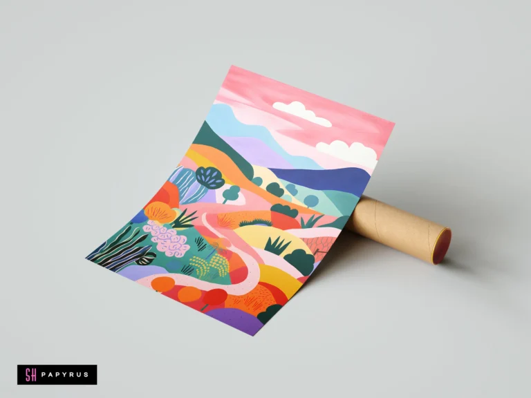 Abstract botanical landscape art print featuring a pink sunset sky and vibrant rolling hills.