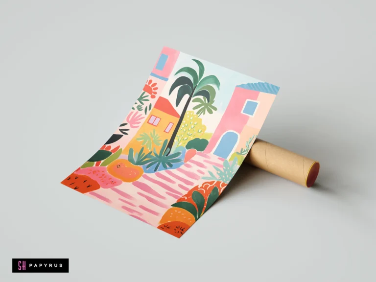 Colorful Mediterranean street art print featuring vibrant village buildings and tropical botanical palm trees.