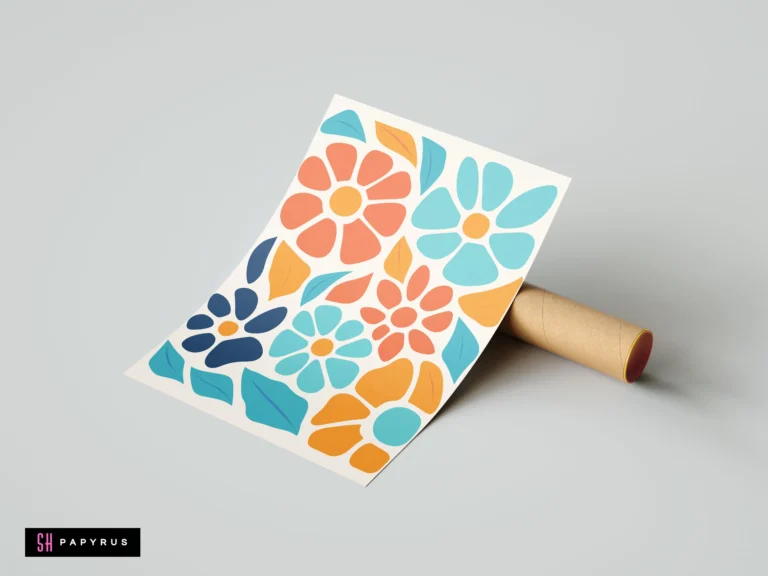 Vibrant retro floral art print with bold orange, blue, and teal flower power patterns.