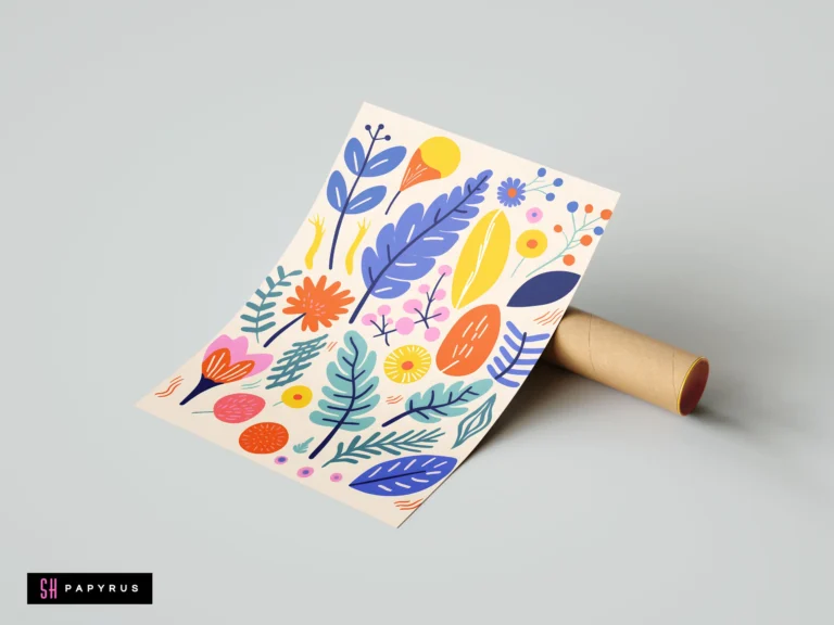 Whimsical folk art botanical print featuring colorful stylized blue and yellow flowers and leaves.