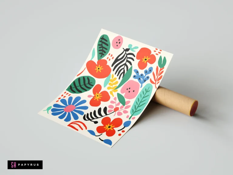 Abstract botanical art print featuring vibrant red and blue flowers with green leafy patterns.