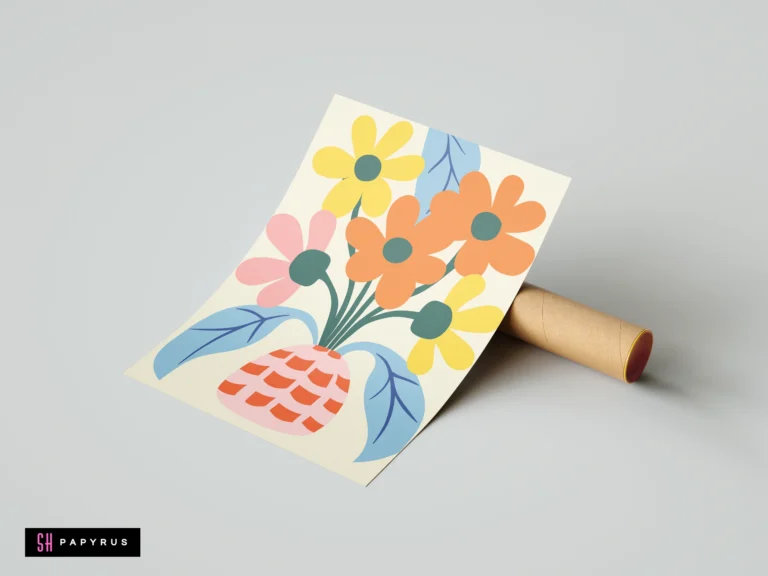 Colorful abstract floral art print featuring stylized flowers in a patterned pink vase.