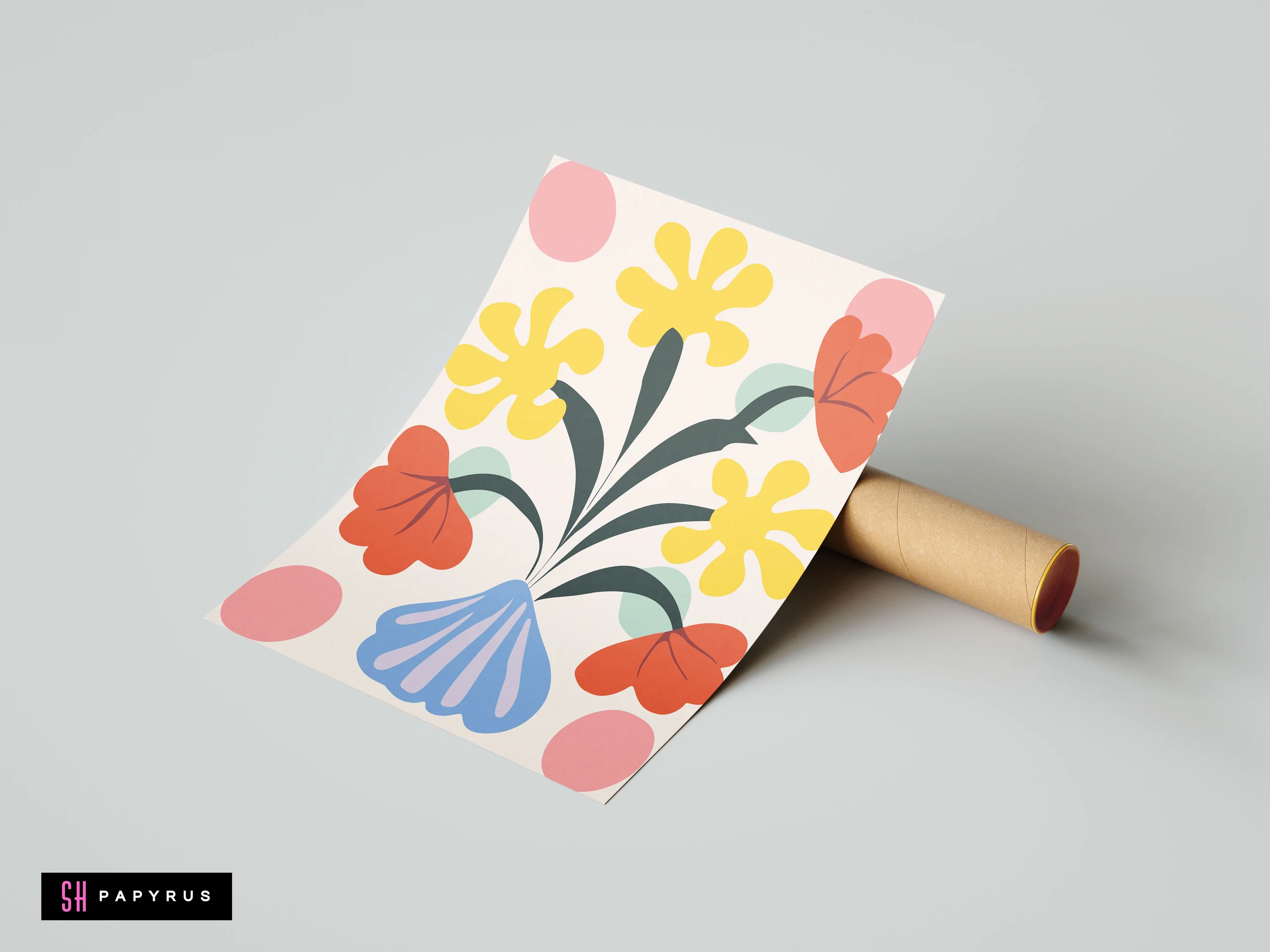 Vibrant abstract botanical art print with red and yellow flowers in a blue vase.