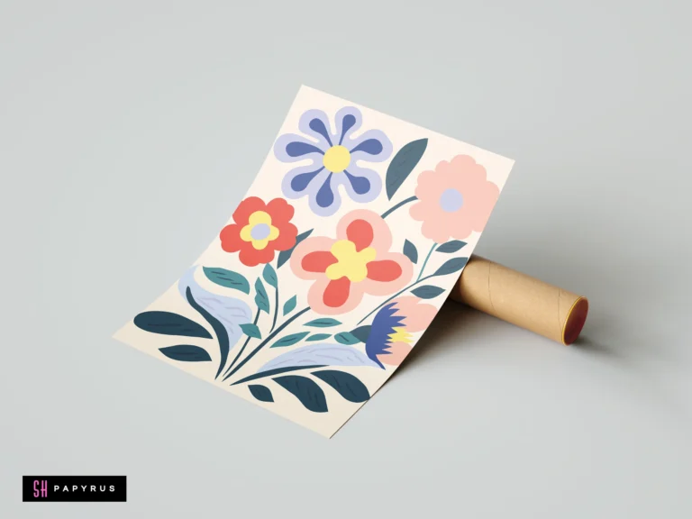 Vibrant botanical art print featuring colorful, stylized floral illustrations in a modern boho style.