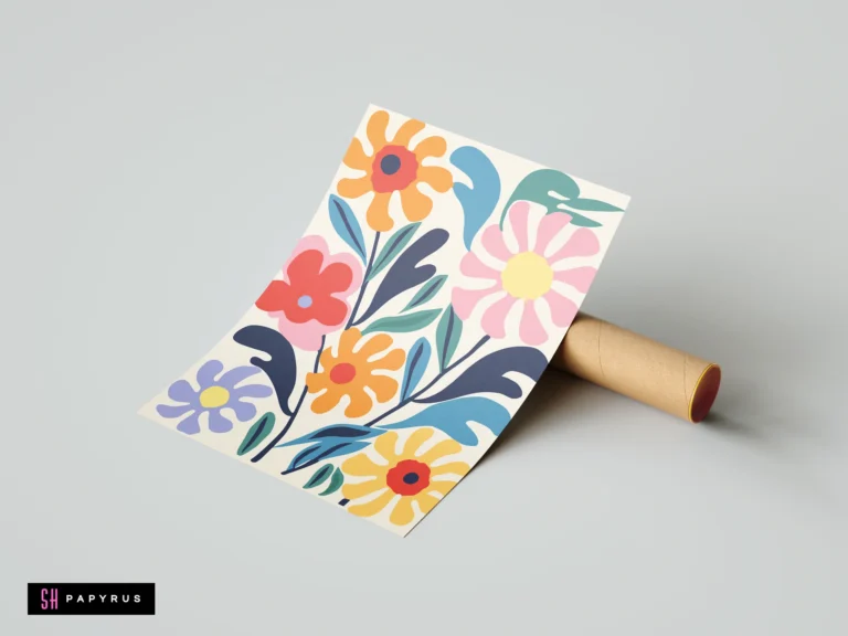 Colorful retro botanical art print with vibrant 70s style flower power pattern.