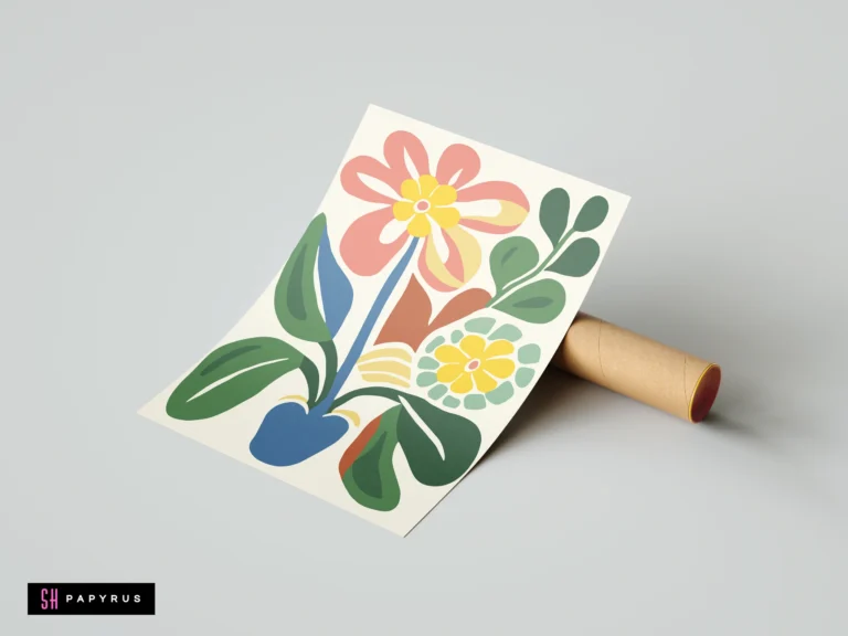 Abstract botanical wall art featuring pink flowers, green leaves, and a blue vase.