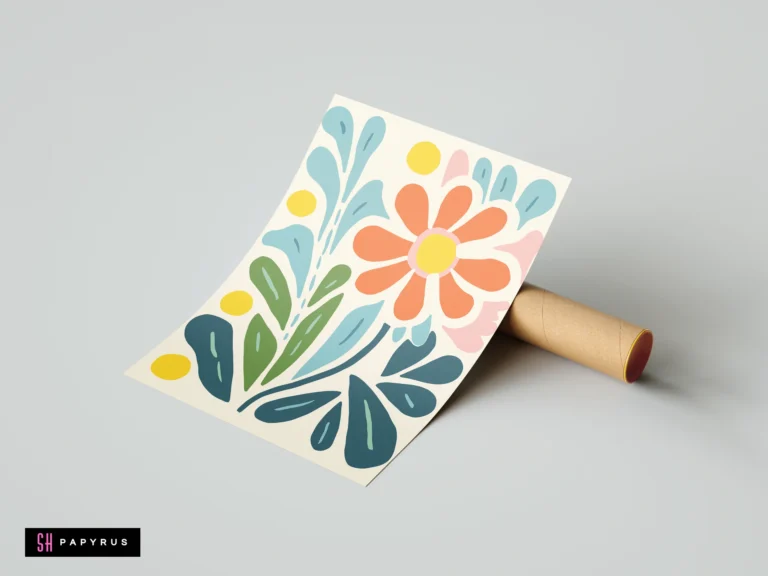 Abstract orange daisy art print with colorful boho botanical leaves and shapes.