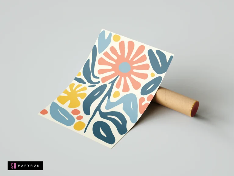 Modern botanical art print featuring abstract coral blooms and blue leaves in cut-out style.