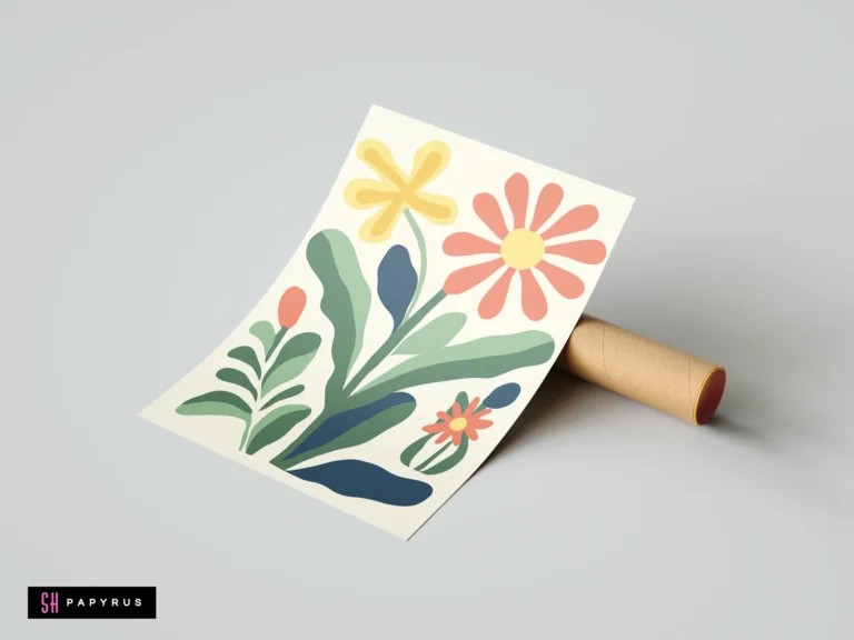 Folk art garden print featuring stylized red and yellow flowers with green and blue leaves.