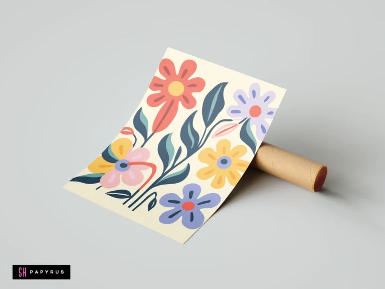 Modern flat-style botanical print with red, purple, and yellow wildflowers and stylized dark leaves.
