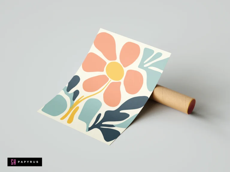 Abstract retro flower art print with peach petals and navy blue botanical leaf shapes.