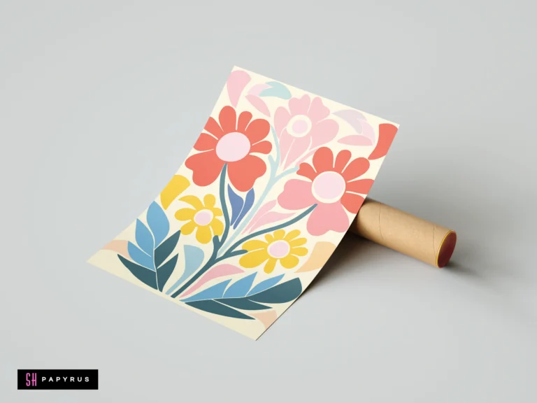 Symmetrical folk art floral print featuring red, pink, and yellow botanical blossoms.