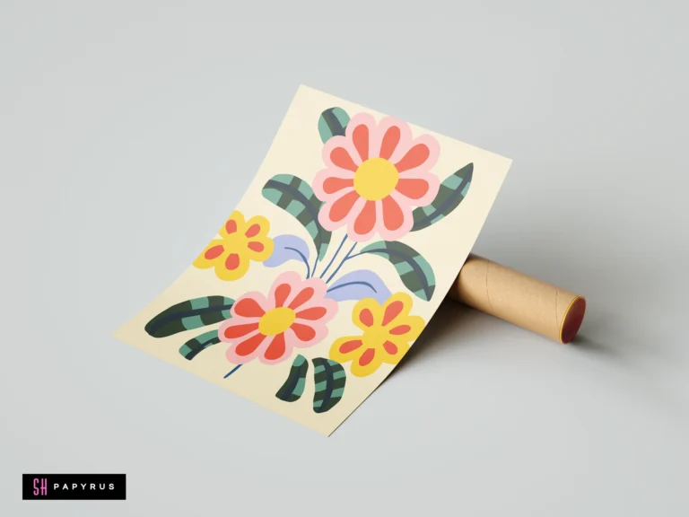 Boho botanical art print featuring stylized pink and yellow flowers with patterned green leaves.