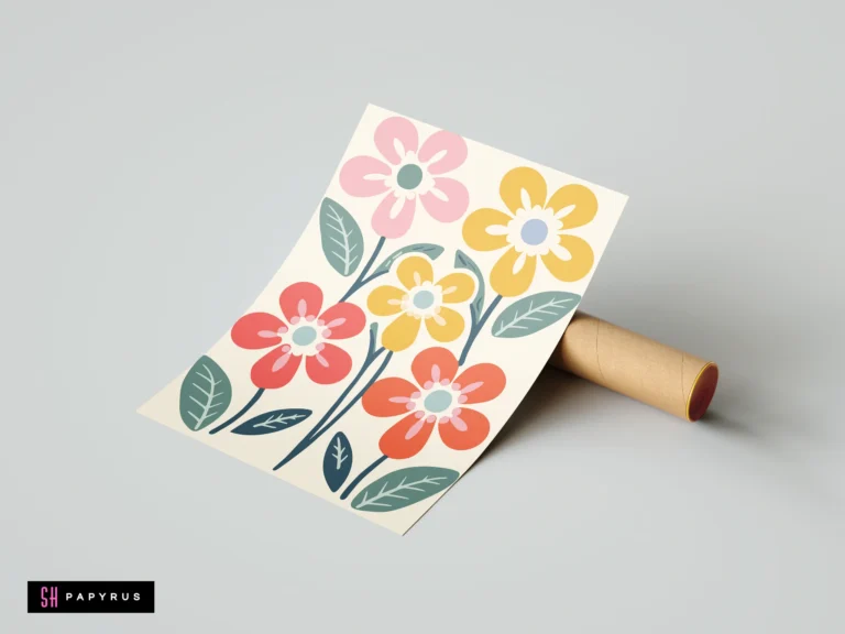 Retro 60s botanical art print featuring colorful stylized flowers and teal foliage on cream paper.