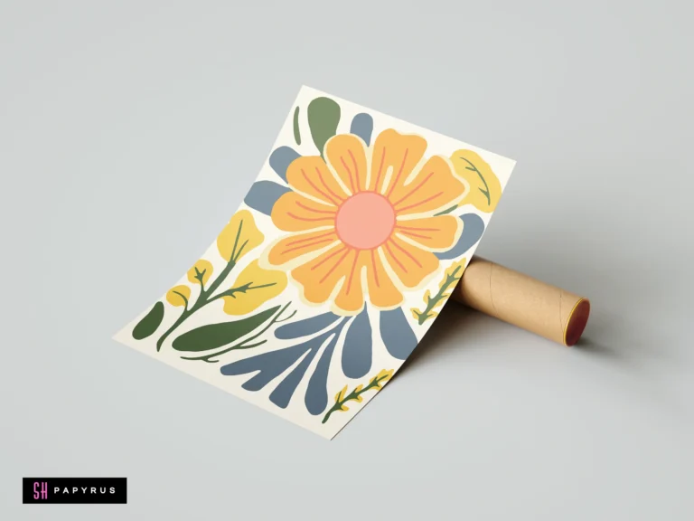 Bold boho sunflower art print featuring vibrant orange, yellow, and blue botanical illustrations.