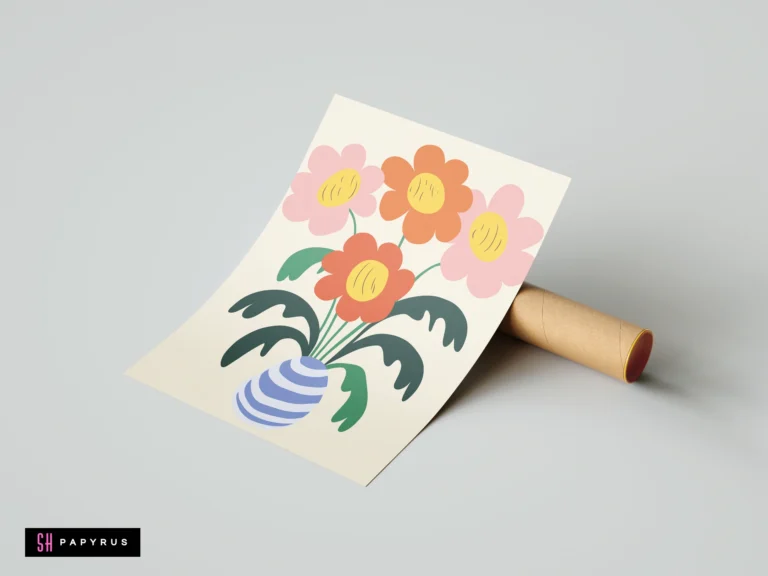 Pink and orange floral bouquet in a blue striped vase, modern botanical art print.