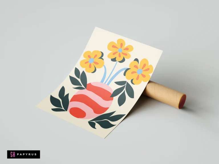 Funky retro botanical illustration of yellow flowers in a pink and red striped vase.