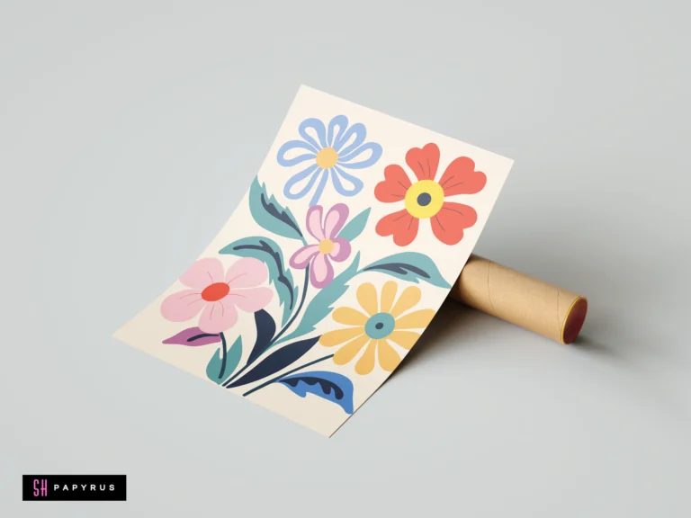 Stylized pastel wildflower garden print with colorful boho floral illustrations on cream background.