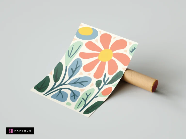Abstract peach daisy art print with modern organic botanical shapes in blue and green.