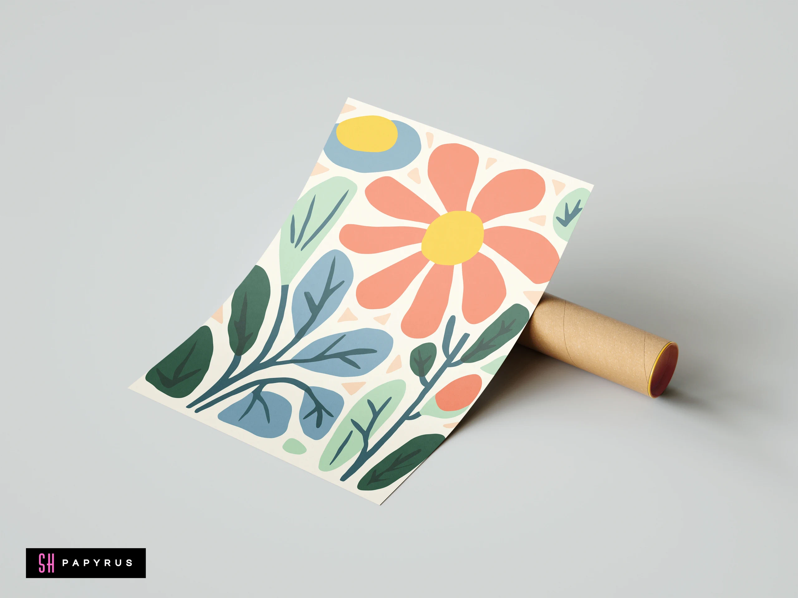Abstract peach daisy art print with modern organic botanical shapes in blue and green.