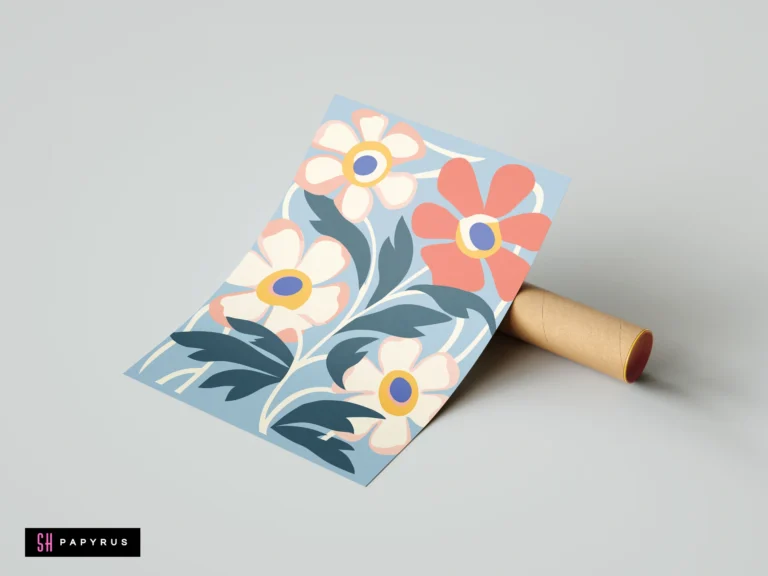Retro botanical art print featuring red and white flowers on a light blue background.