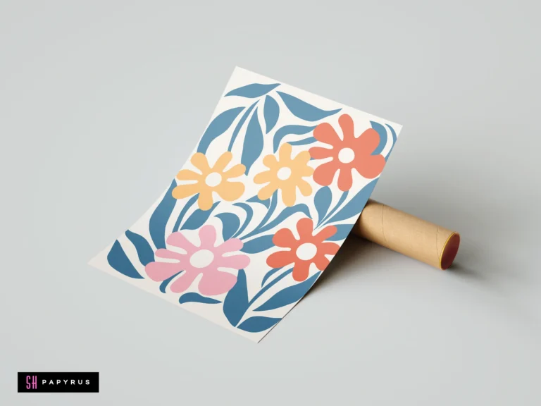 Abstract botanical print featuring pastel pink, orange, and yellow flowers with blue leaves.