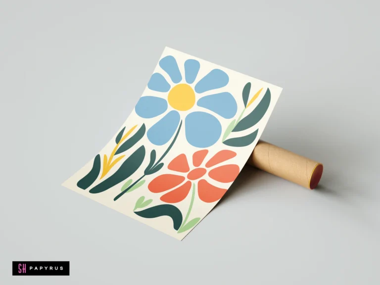 Minimalist botanical art print featuring bold blue and red flowers with green leaves.