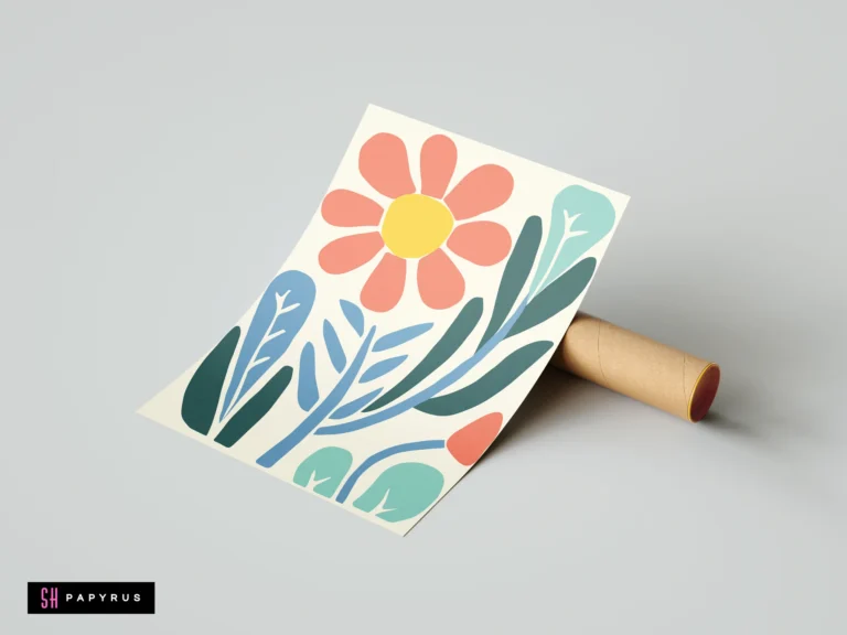 Abstract boho botanical art print featuring a large red flower and colorful minimalist leaves.