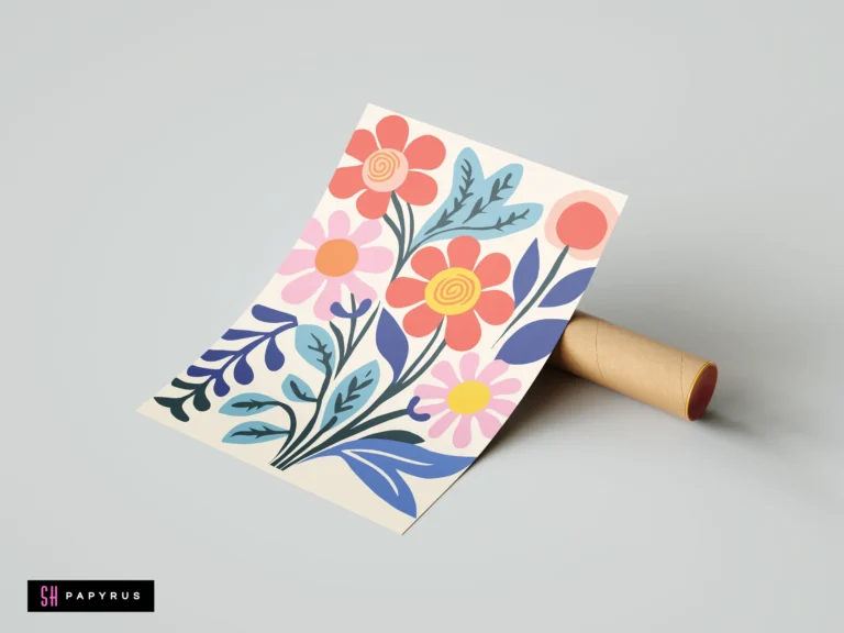 Colorful modern botanical art print featuring stylized pink and blue wildflowers on cream paper.