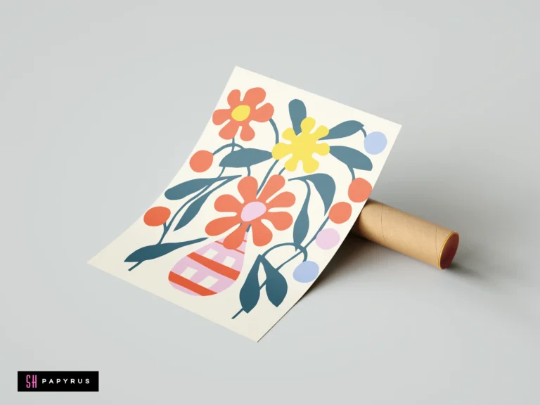 Whimsical boho art print featuring orange and yellow flowers in a pink striped vase.